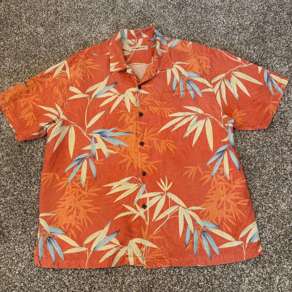 Tommy Bahama 100% Silk Hawaiian Camp Shirt  XL Orange Bamboo Leaf Tropical Aloha